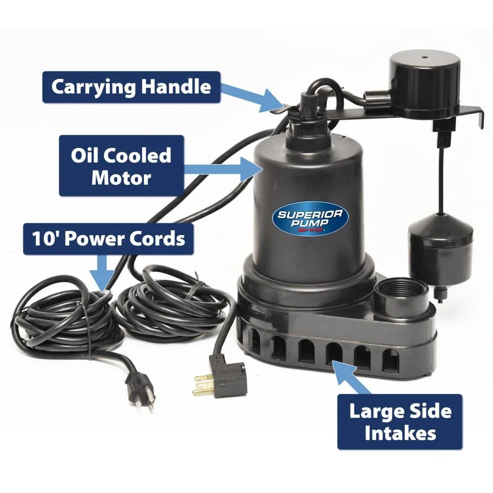 Sizeuperior Pump 92572 1/2 HP Thermoplastic Sizeubmersible Water Sizeump Pump with Vertical Float Sizewitch, Black