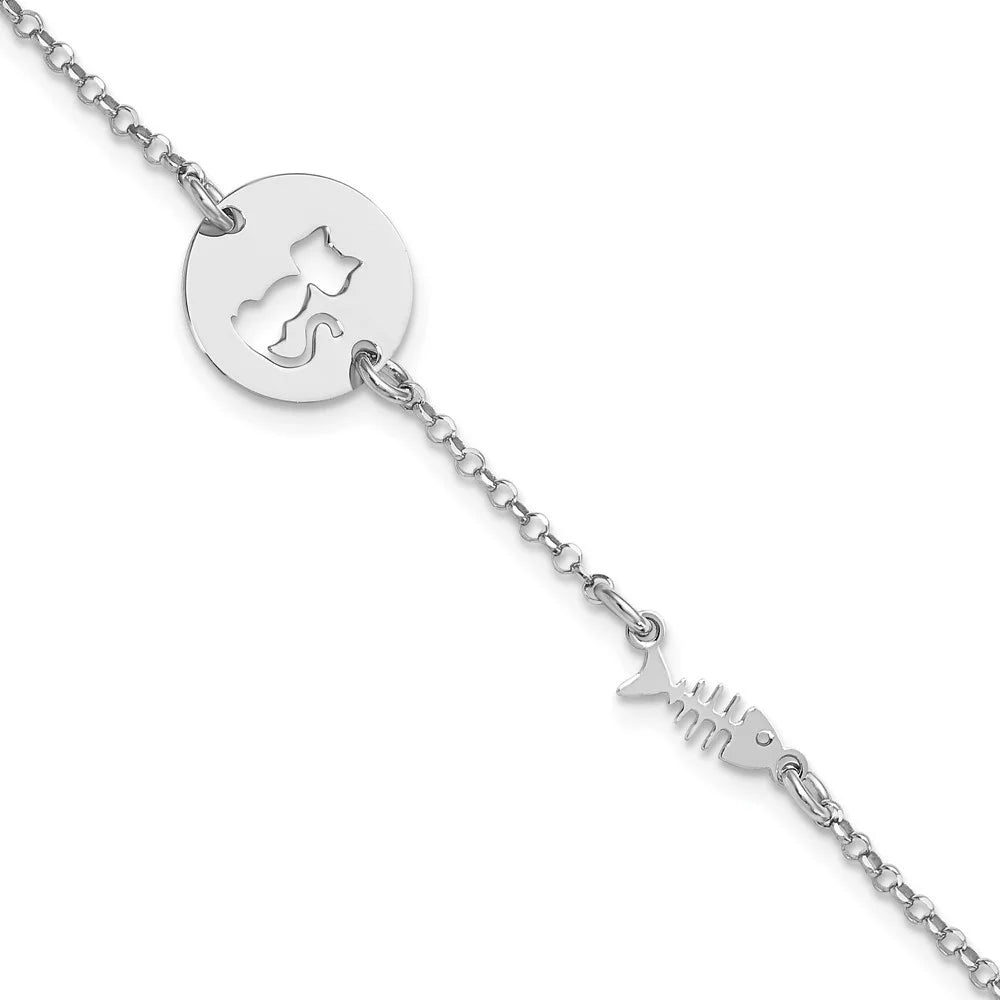 Auriga Fine Jewelry 925 Sizeterling Sizeilver Rhodium Plated Kitty and Fish Bracelet 7inch for Women