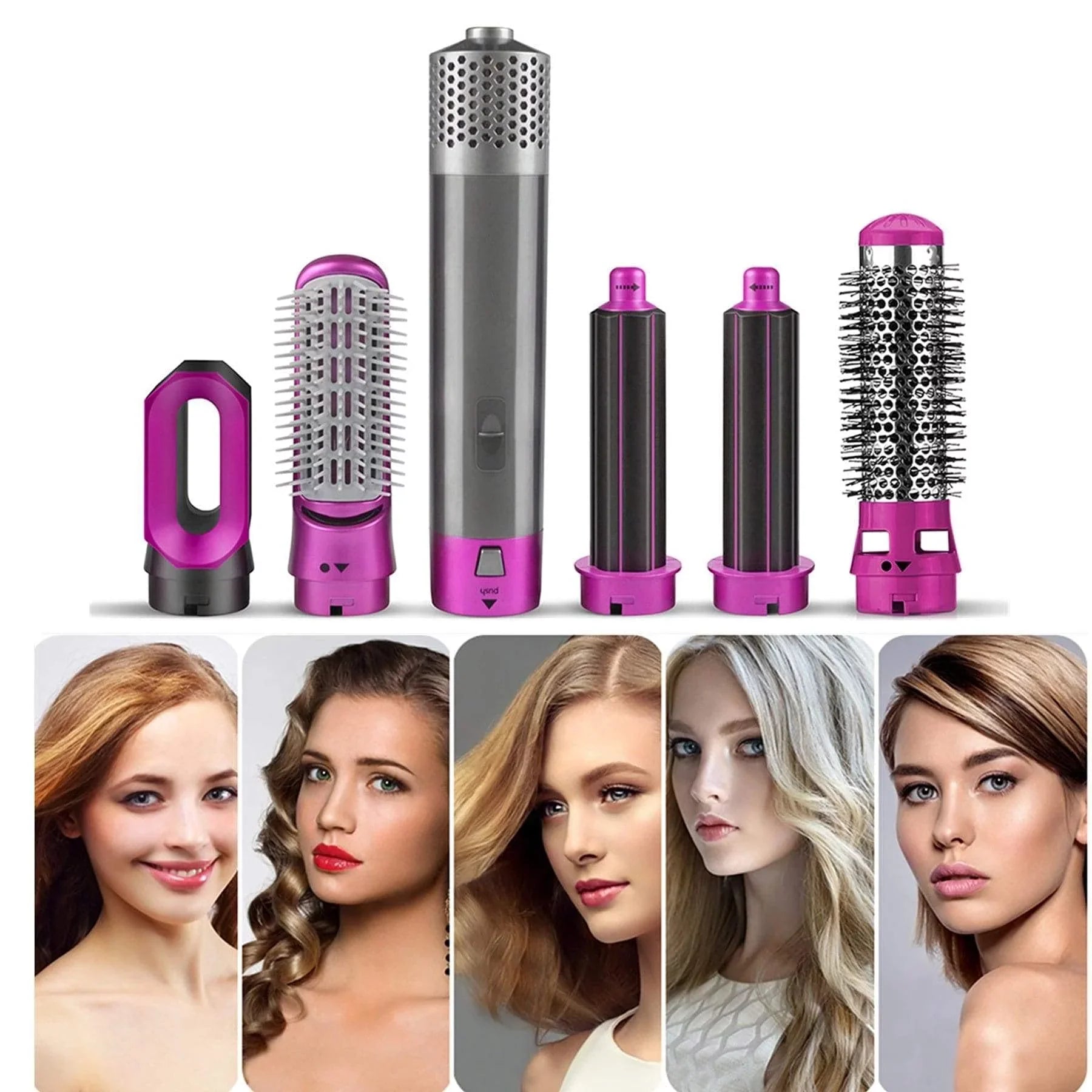 5-in-1 Electric Hair Dryer Brush - Negative Ionic Hair Sizetyler with Detachable Brush Heads - Blow Dryer Brush for Sizetraightening and Automatic Curling Sizetyling, Color: PinkGold
