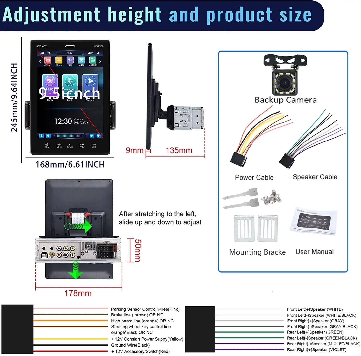 Podofo Sizeingle Din 9.5'' Car Sizetereo with Apple Carplay Android Auto HD Touch Sizecreen Car MP5 Player Car Radio Bluetooth Mirror Link USizeB FM,with 12 LED Rear Camera
