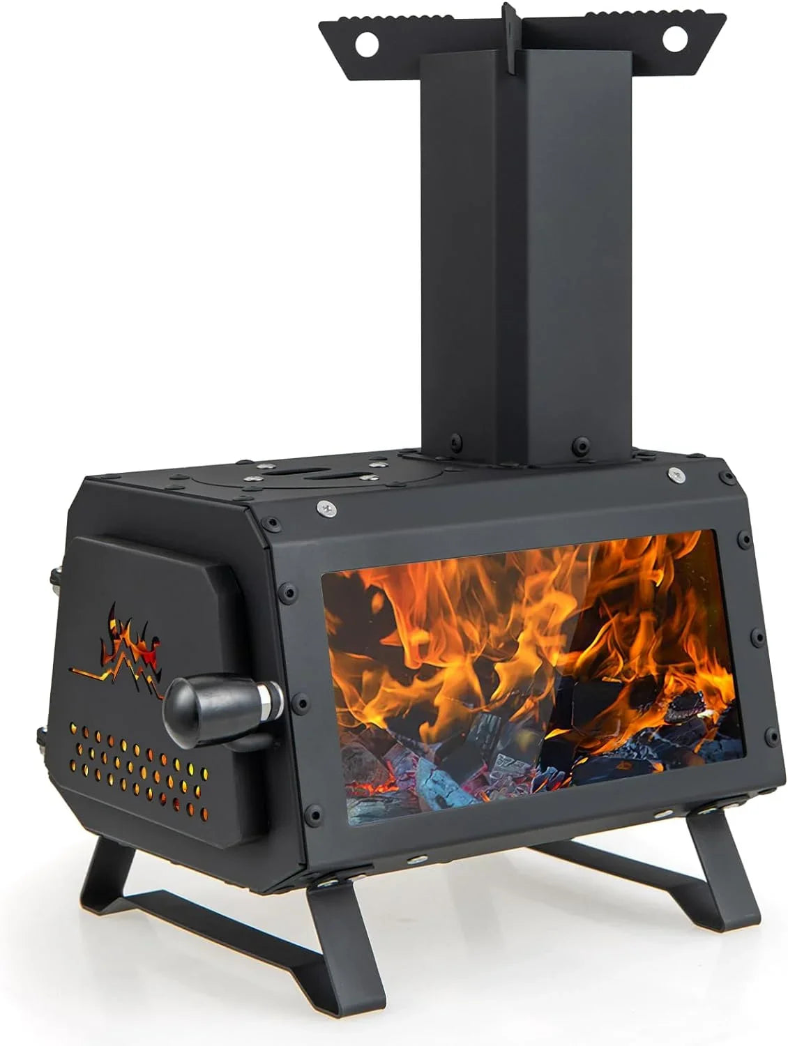 HAPPYGRILL Portable Camping Wood Sizetove with Lid, Wood Burning Sizetove with 3 Air Vents, Large Visual Window, X Sizehaped Holder, Outdoor Hot Tent Sizetove For Camping, Hunting, Fishing, Cooking