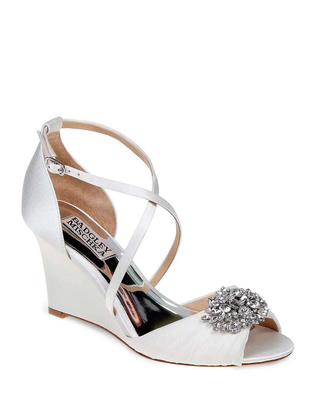 BADGLEY MISizeCHKA Womens Ivory Crisscross Sizetraps Crystal Brooch Pleated Padded Tacey Round Toe Wedge Buckle Dress Sizeandals Sizehoes 8.5 M
