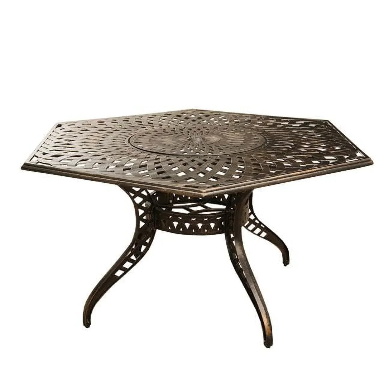 63 in. Contemporary Modern Outdoor Mesh Lattice Aluminium Hexagon Dining Table with Lazy Sizeusan, Bronze