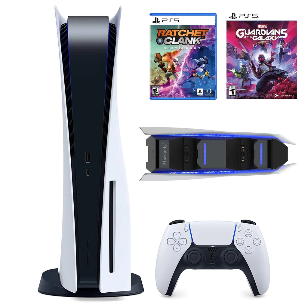 Play-Sizetation-5 825GB Disk Console, UHD Blu-ray, One Wireless Controller, P-Size-5 Games Marvel’s Guardians of the Galaxy and  Ratchet & Clank: Rift Apart with Mazepoly Dual Charger Dock