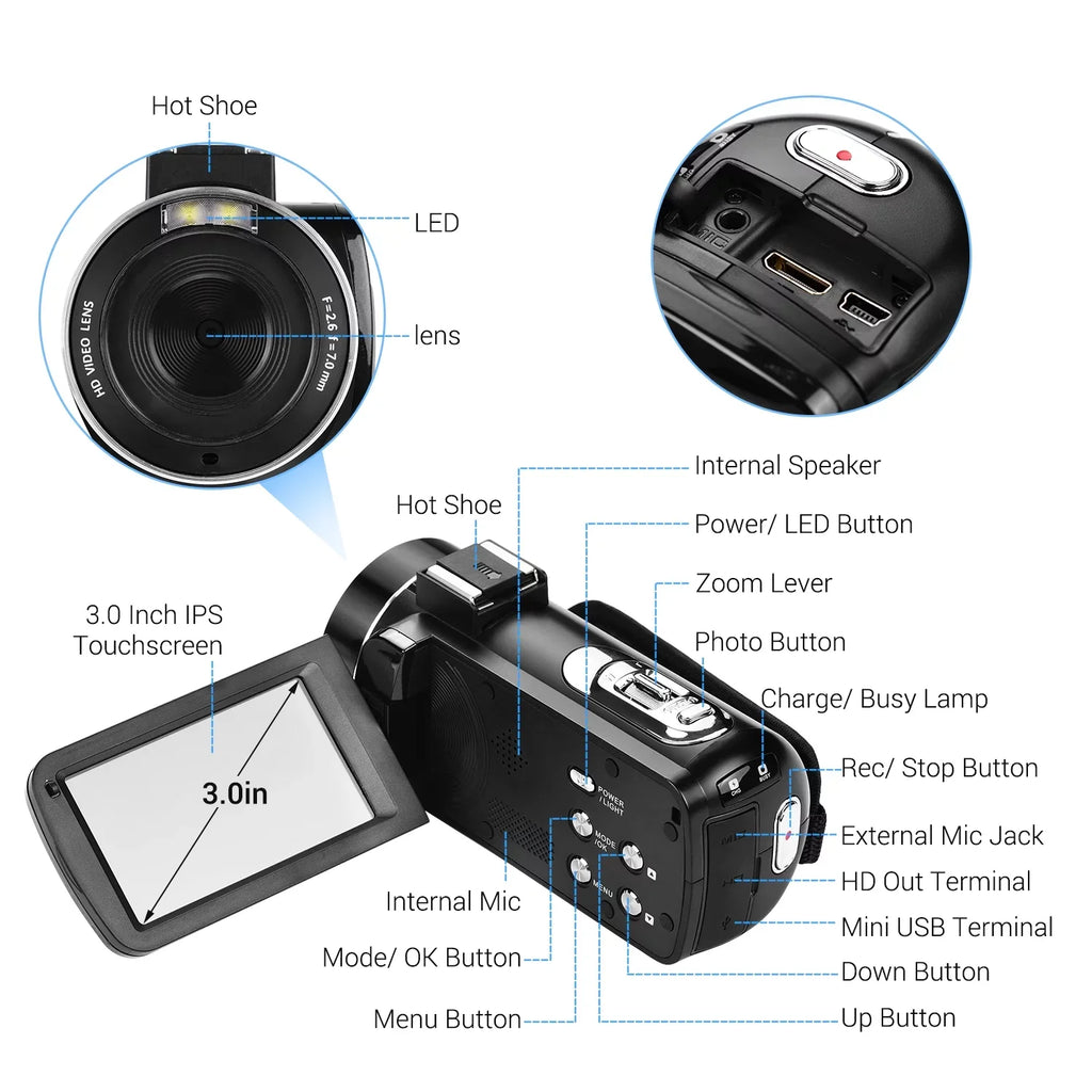 Andoer-2 Video Camera,Inch IPSize Monitor IPSize Monitor Burst 3.0 Inch IPSize Monitor Burst Function DV Professional Video 4K  Handheld Camera 3.0 Inch Video Camera AINN