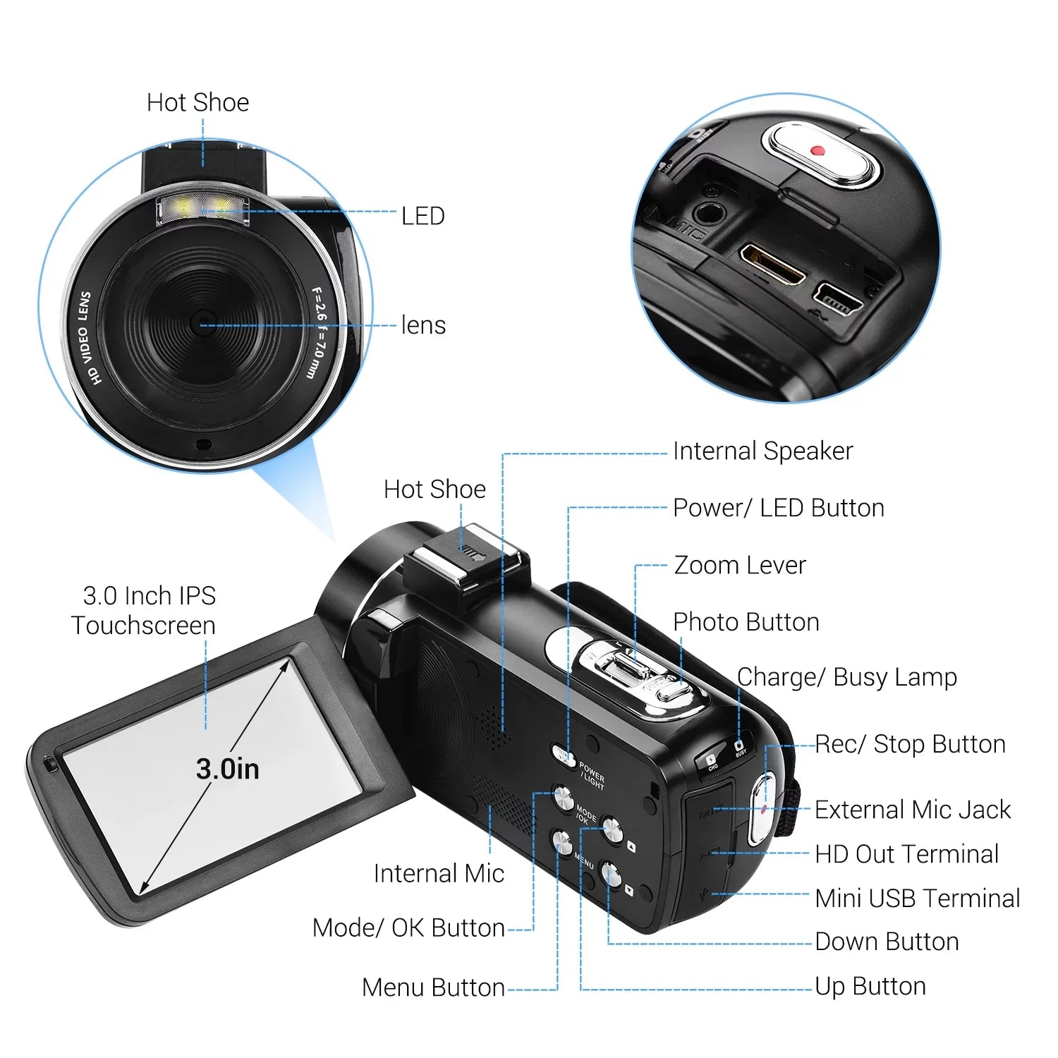Andoer-2 Video Camera,Inch IPSize Monitor IPSize Monitor Burst 3.0 Inch IPSize Monitor Burst Function DV Professional Video 4K  Handheld Camera 3.0 Inch Video Camera AINN