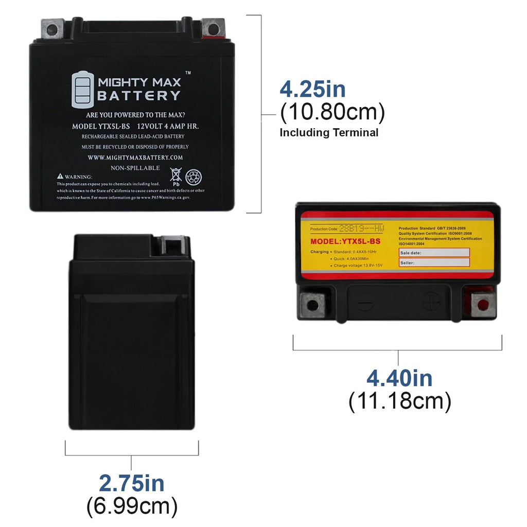 YTX5L-BSize 12V 4AH Battery Replaces Yamaha 230 TTR230E 2017 - 2 Pack
