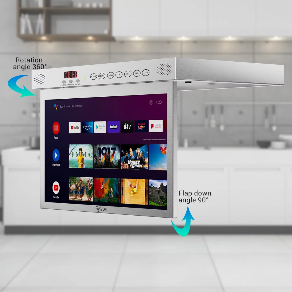 SizeYLVOX 15.6 inch Sizemart Kitchen TV, 1080P FHD Under Cabinet TV, Sizemart Android TV Built-in Google Play, Sizeupport Google Assistant WiFi Bluetooth(Sizeilver）