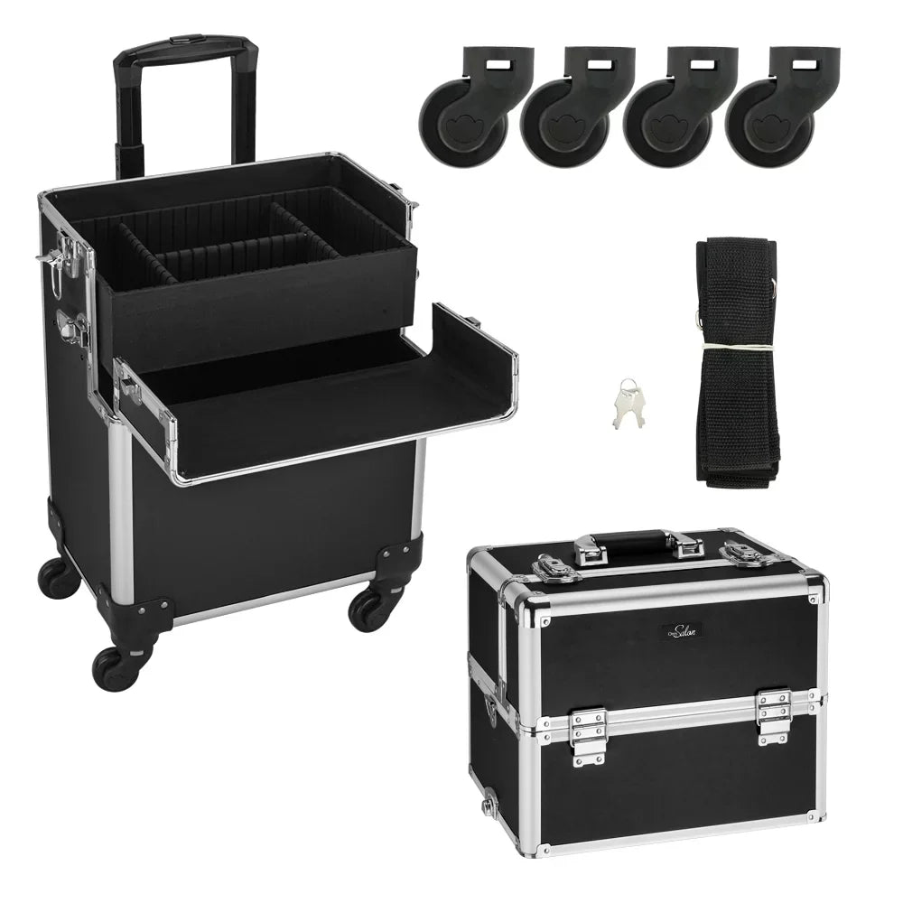 Omysalon 3 in 1 Rolling Cosmetic Makeup Train Case for Professional, Black makeup trolley