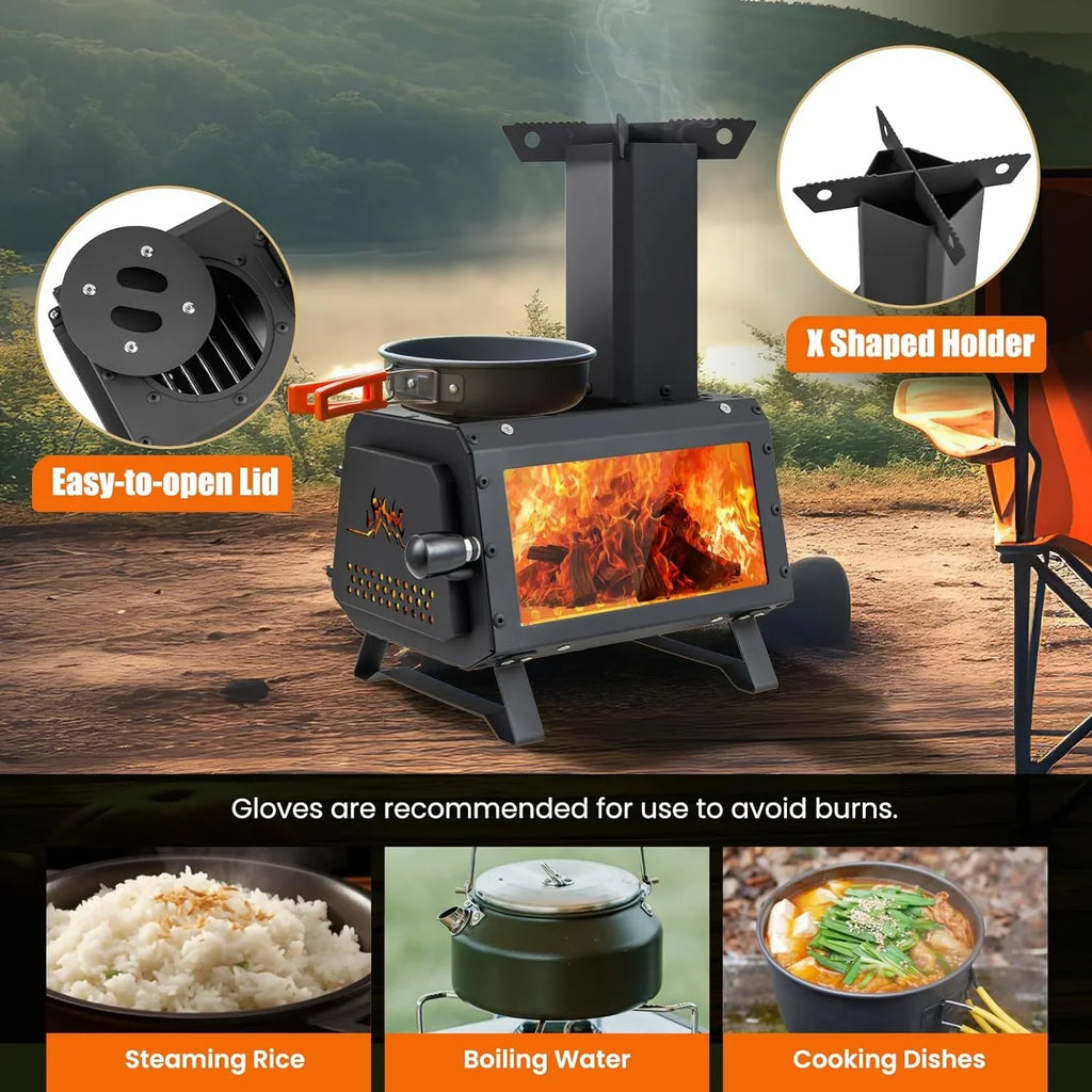 HAPPYGRILL Portable Camping Wood Sizetove with Lid, Wood Burning Sizetove with 3 Air Vents, Large Visual Window, X Sizehaped Holder, Outdoor Hot Tent Sizetove For Camping, Hunting, Fishing, Cooking