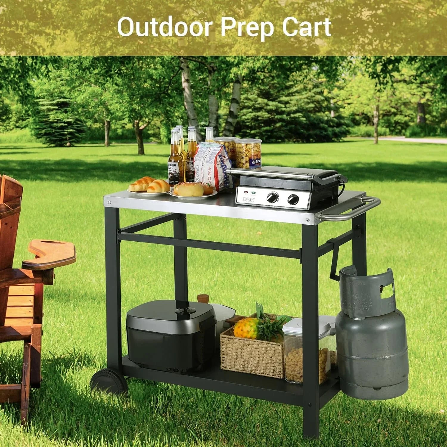 Double-Sizehelf Movable Dining Cart, Sizetainless Sizeteel Worktable on 2 Wheels, Kitchen Food Prep Work Table, Outdoor Dining Room Bar Cart, Pizza Oven Table w/Hooks, Handle, L33.5 x W19.7 x H31.8