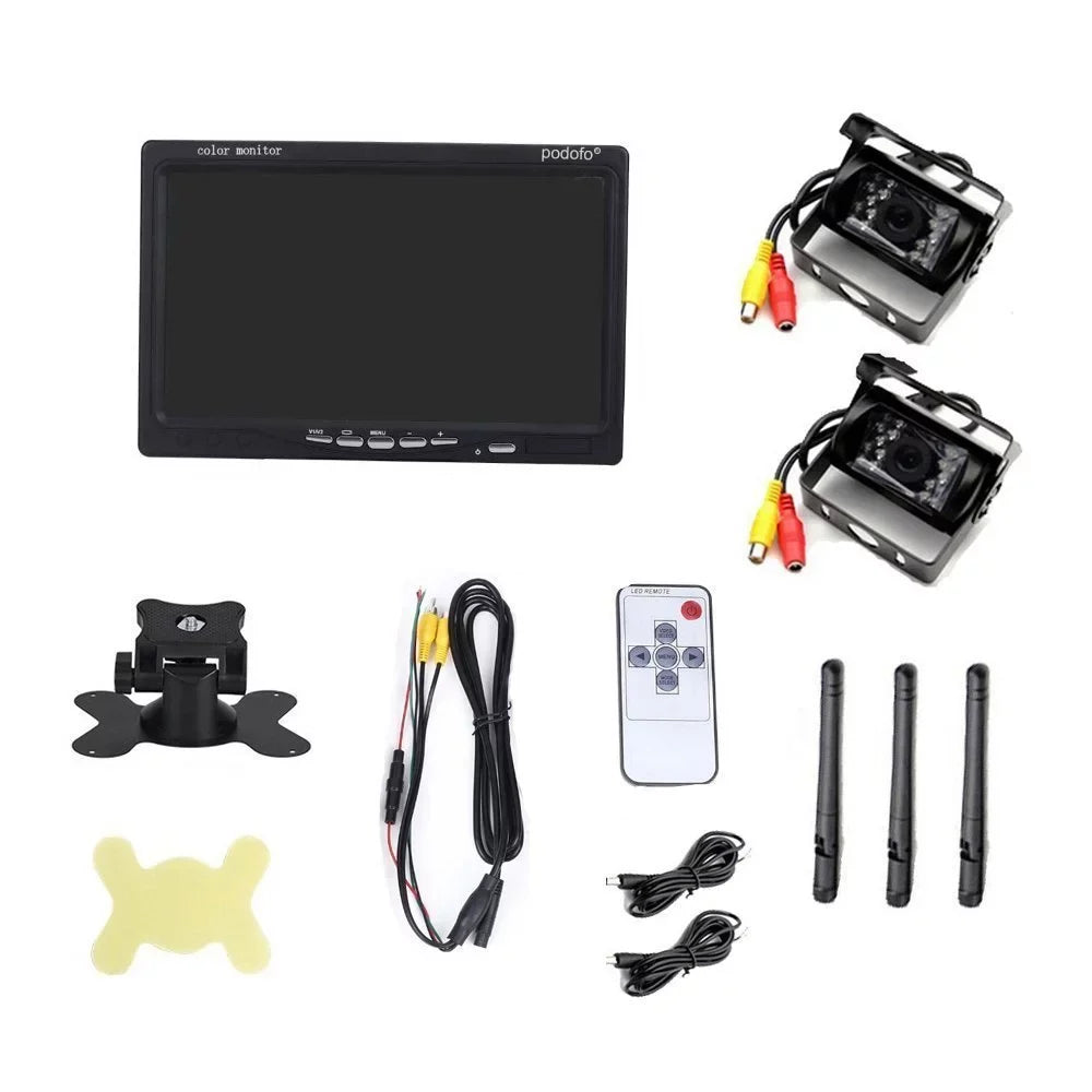 7" with Monitor Wireless Dual Backup Cameras Parking Assistance Night Vision Waterproof Rear View Camera for RV Truck Trailer Bus
