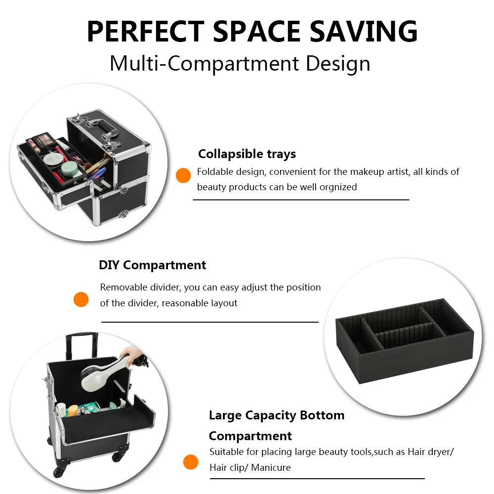 Omysalon 3 in 1 Rolling Cosmetic Makeup Train Case for Professional, Black makeup trolley