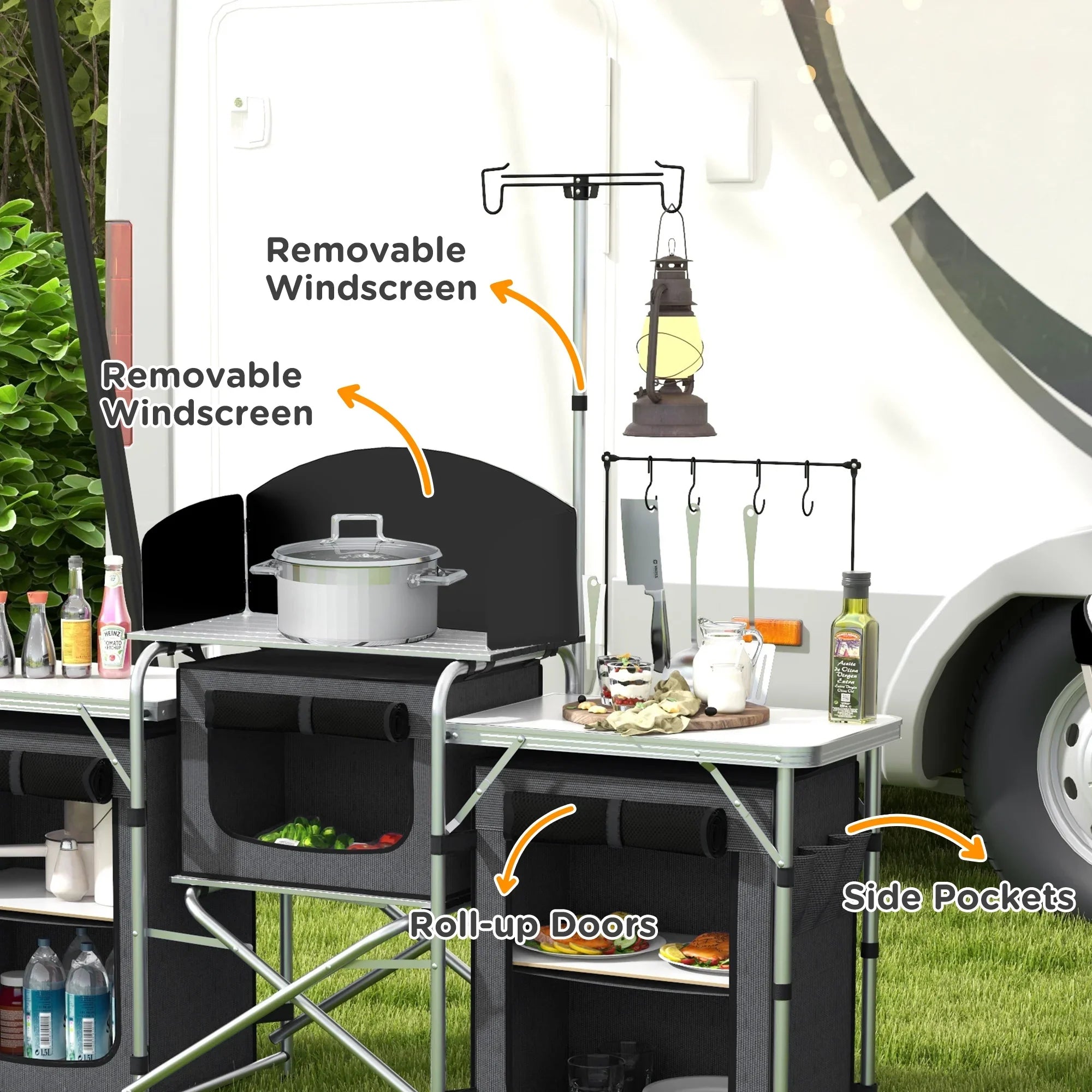 Outsunny Folding Camping Kitchen with Windshield Fabric Cupboards Black