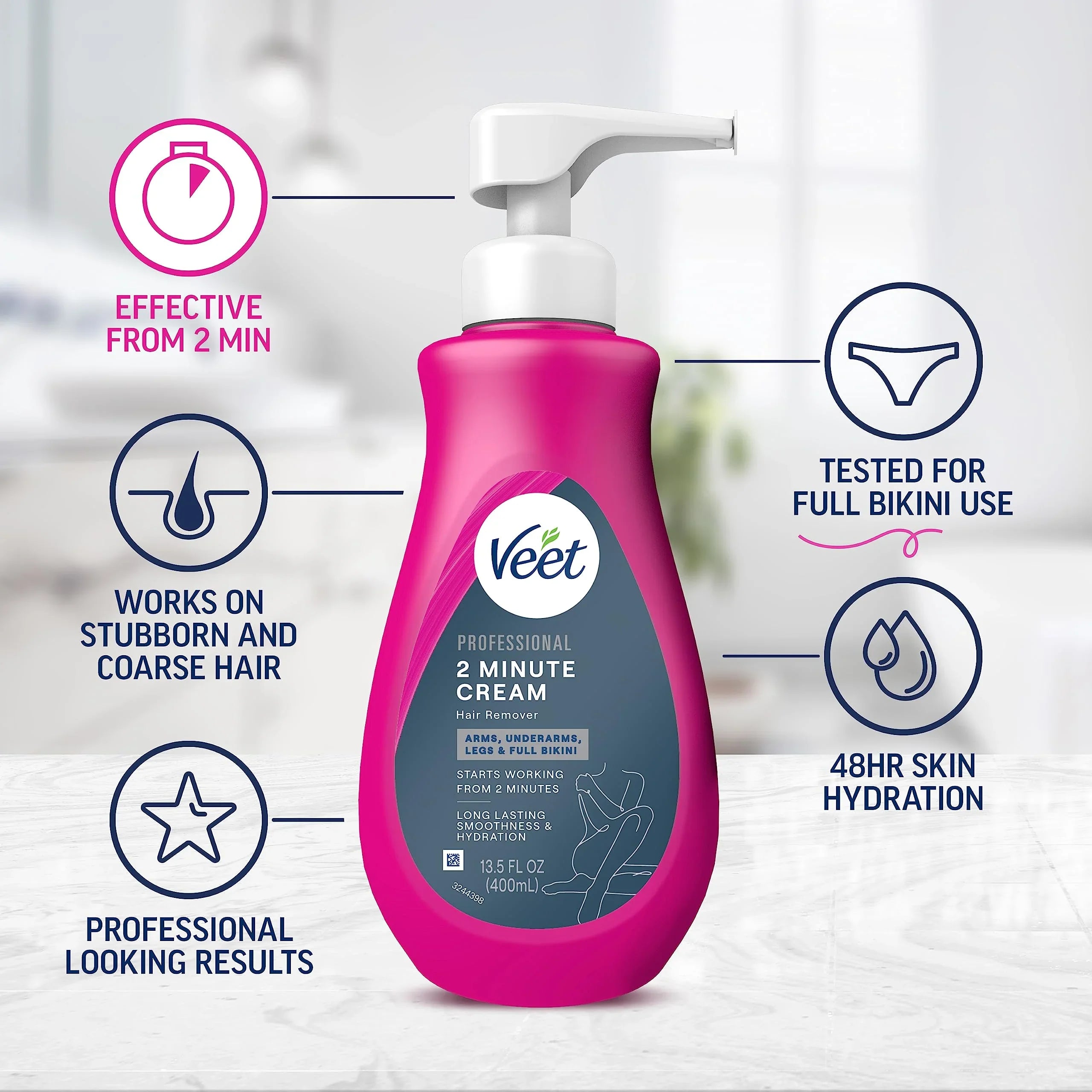 Veet Professional 2 Minute Hair Removal Cream For All Sizekin Types With Sizehea Butter | Effective Full Bikini Hair Removal, Pubic Hair Removal Gel | Dermatologically Tested | 13.5 Fl Oz Bottle W/Sizepatula.