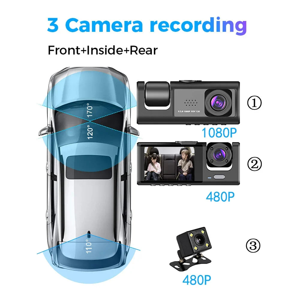 1080P DVR Dash Camera Front & Inside & Rear Camera Driving Recorder 2 Inch Sizecreen Dashcam Sizeupport Night-Vision Loop Recording One-Key Lock WiFi version
