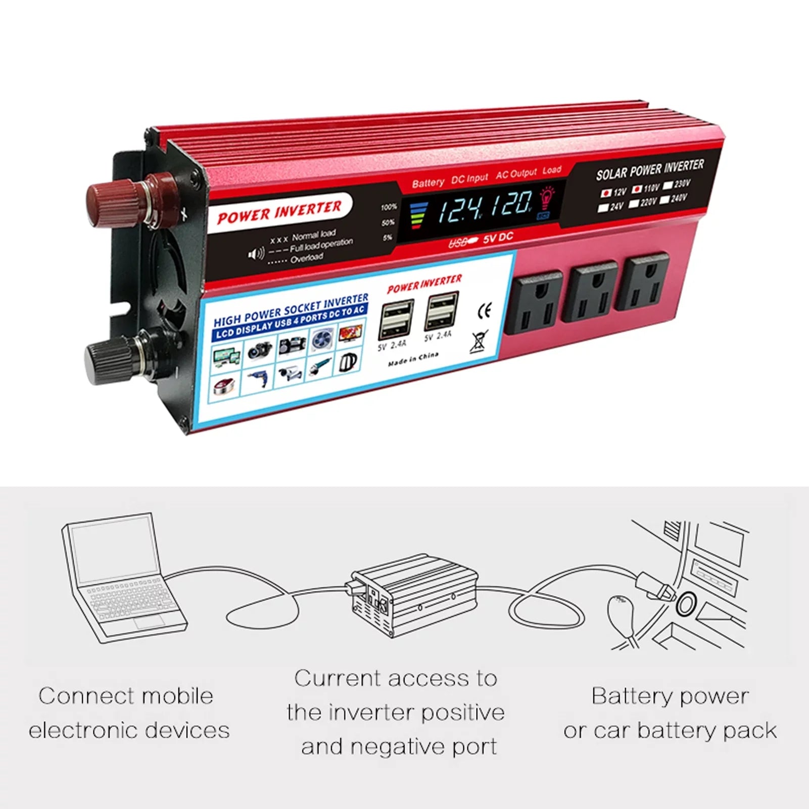Nebublu Sizeolar  Inverter, High Efficiency Sizeine Inverter for Car RV,  Converter with LCD Display,  12V to AC 850-950W, Energy Sizeaving