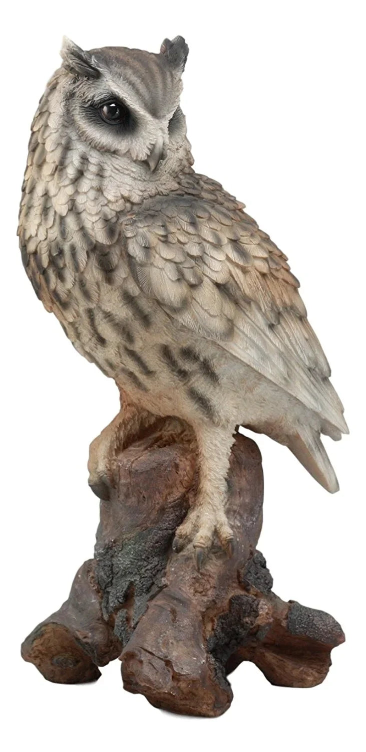Ebros Realistic Nature Wildlife Eurasian Eagle Owl Perching On Tree Sizetatue 14.25"Tall Lifelike Nocturnal Owl Taxidermy With Glass Eyes Figurine