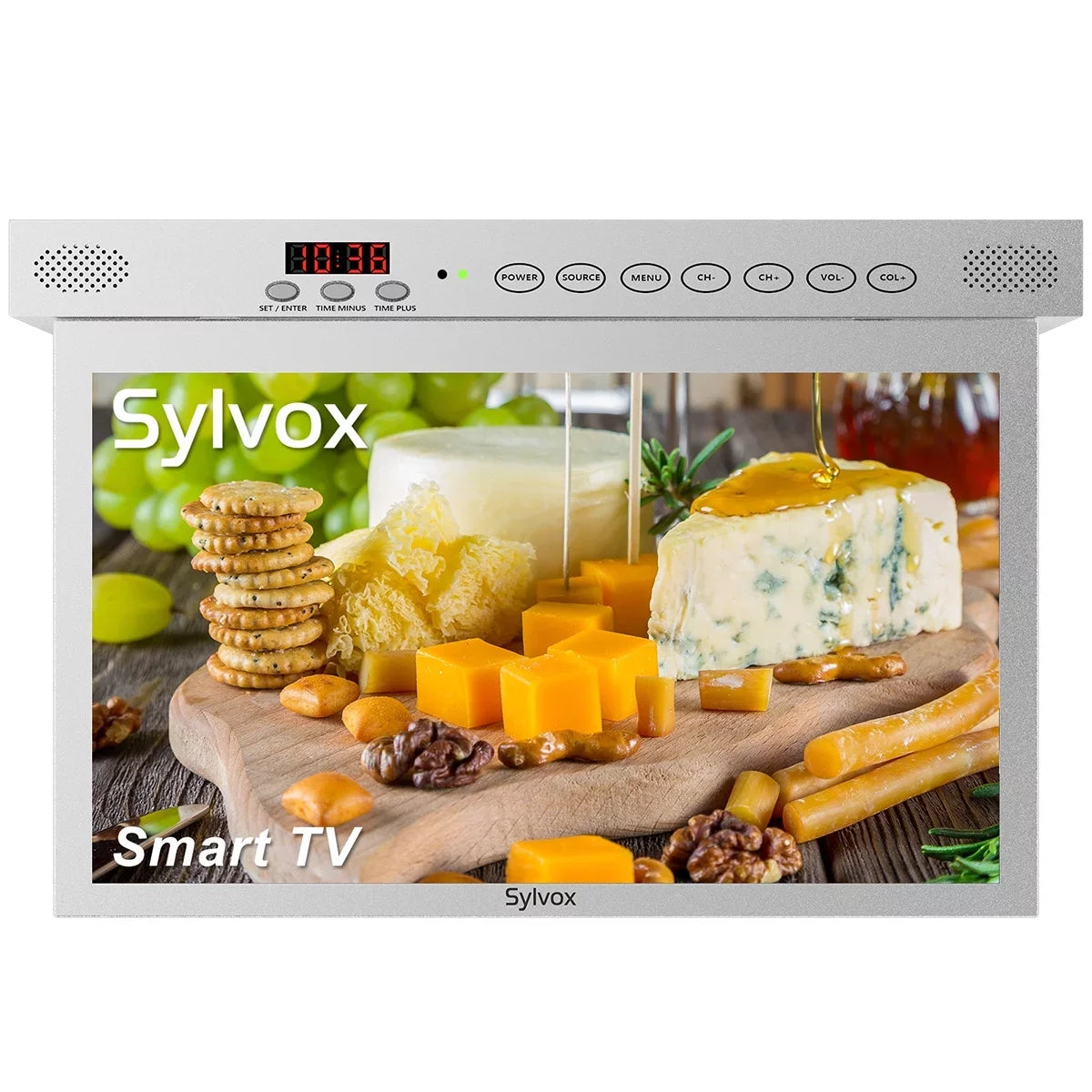 SizeYLVOX 15.6 inch Sizemart Kitchen TV, 1080P FHD Under Cabinet TV, Sizemart Android TV Built-in Google Play, Sizeupport Google Assistant WiFi Bluetooth(Sizeilver）