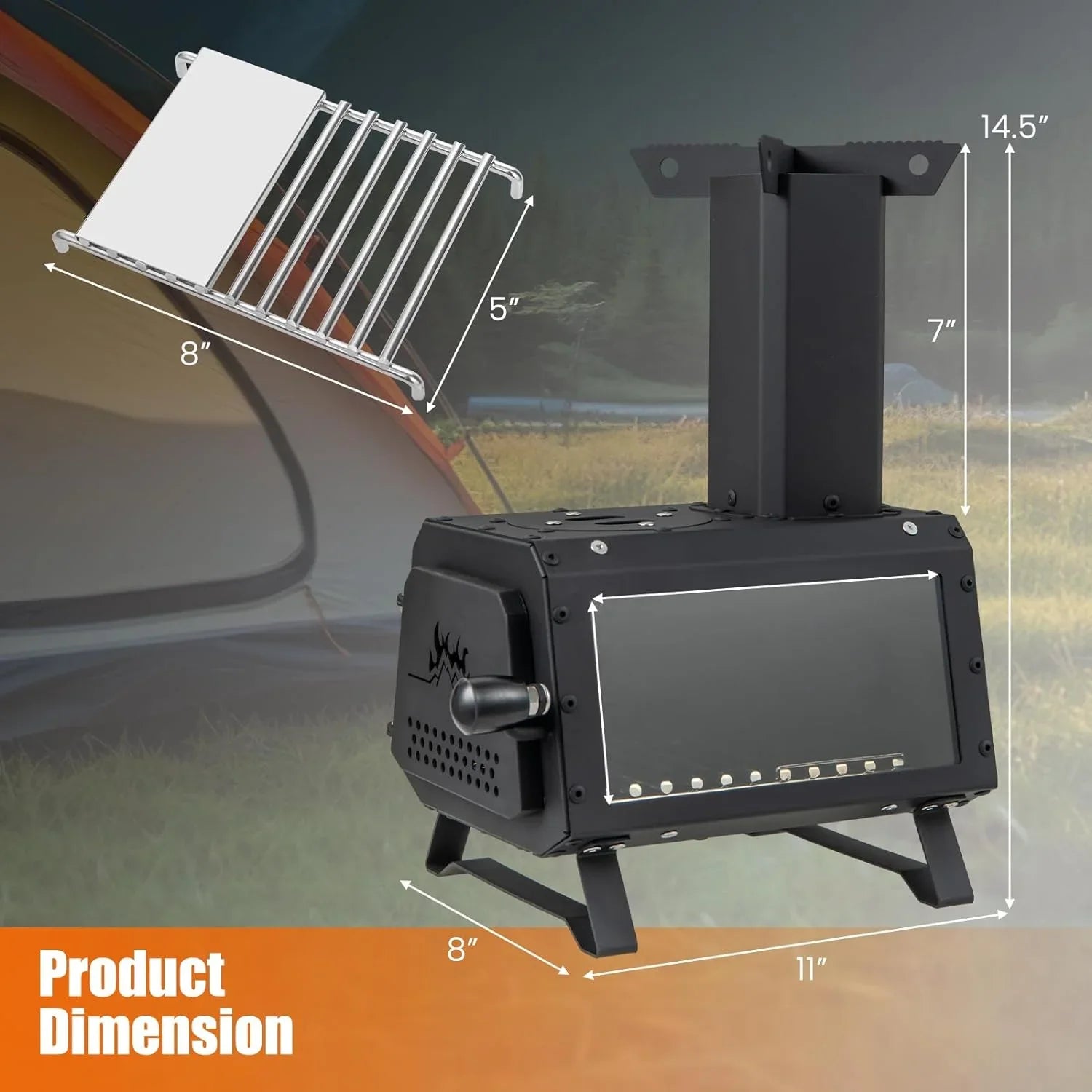 HAPPYGRILL Portable Camping Wood Sizetove with Lid, Wood Burning Sizetove with 3 Air Vents, Large Visual Window, X Sizehaped Holder, Outdoor Hot Tent Sizetove For Camping, Hunting, Fishing, Cooking