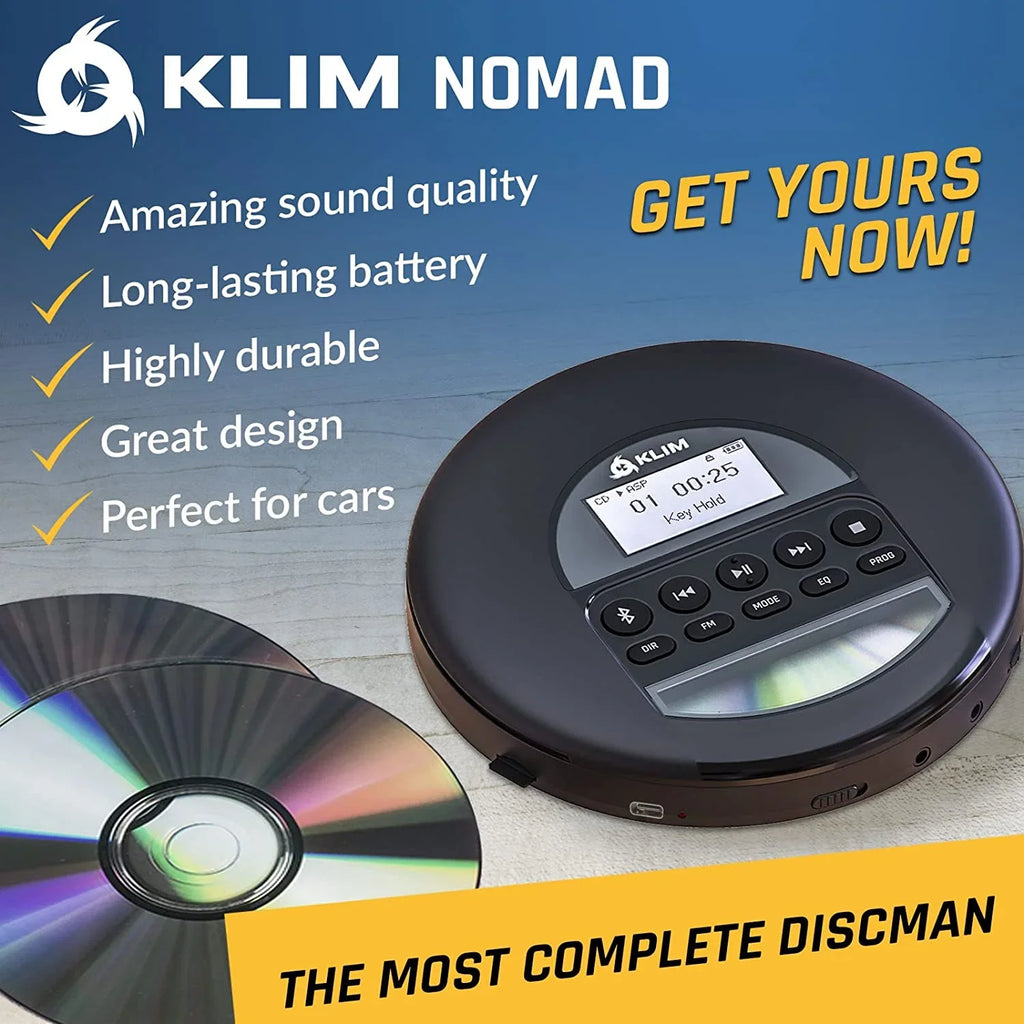 Pre-Owned KLIM Nomad Portable CD Player Discman with Fusion Headphones, Rechargeable Battery, MP3, TF Card, AM FM Radio, Bluetooth- Ideal for Cars, Black (Refurbished: Good)