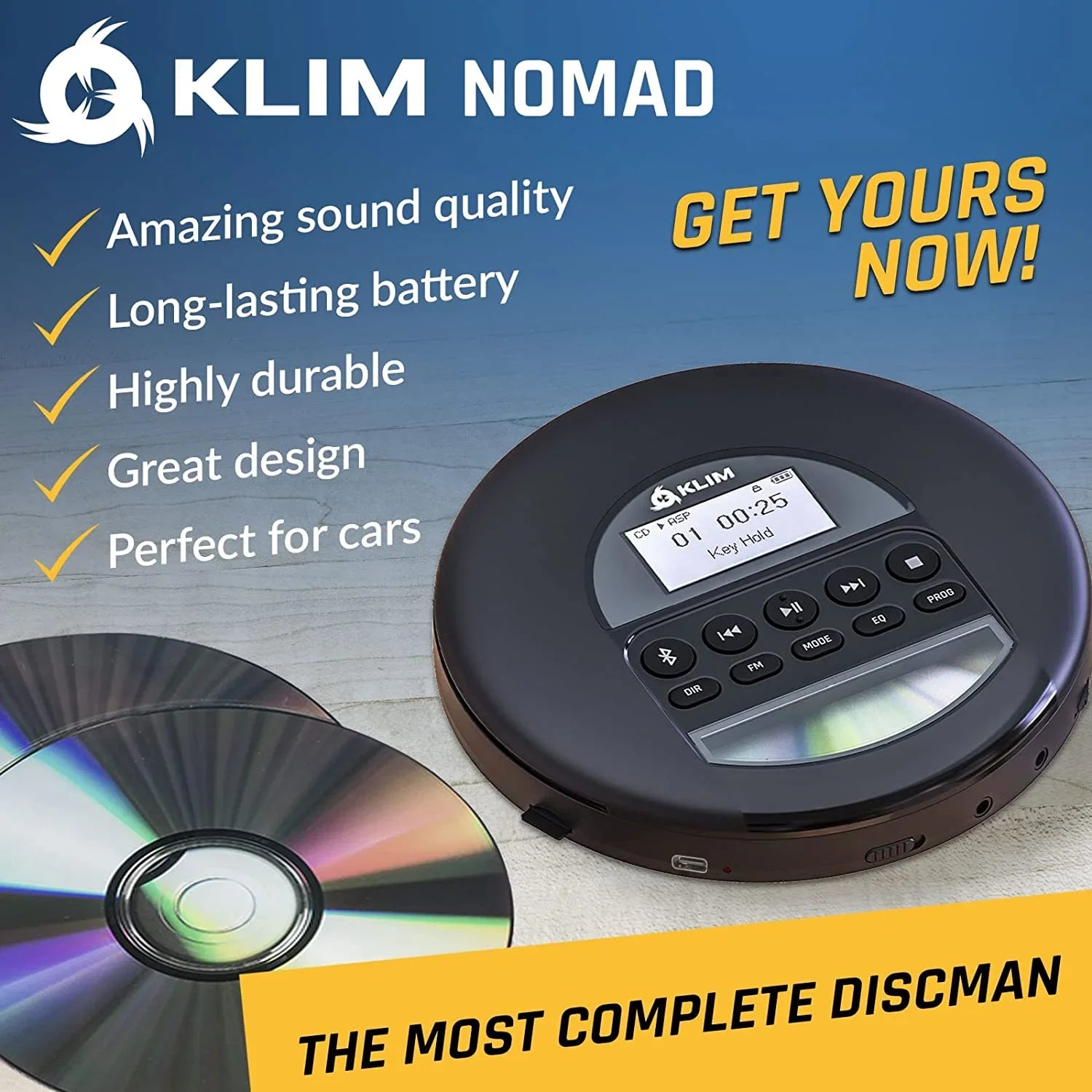 Pre-Owned KLIM Nomad Portable CD Player Discman with Fusion Headphones, Rechargeable Battery, MP3, TF Card, AM FM Radio, Bluetooth- Ideal for Cars, Black (Refurbished: Good)