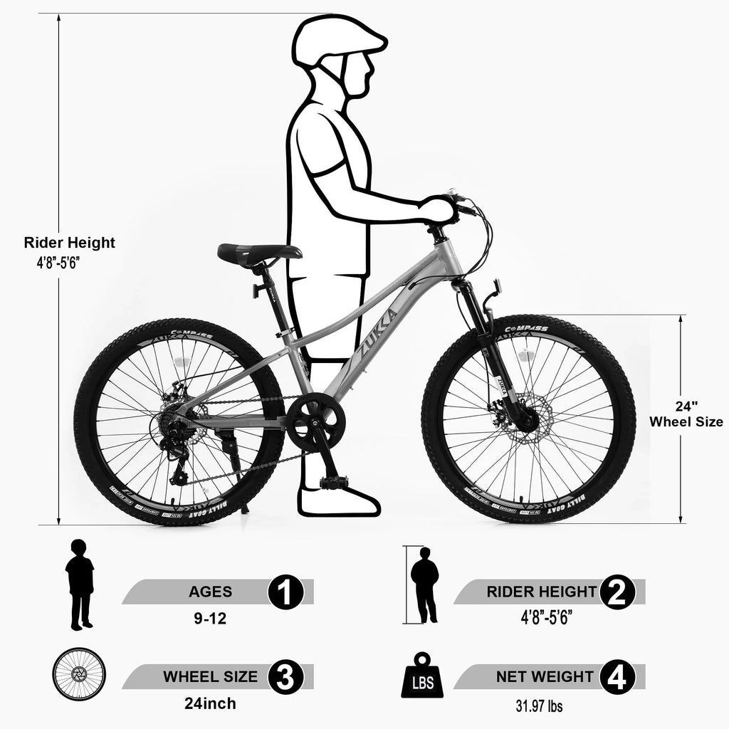 Kids Mountain Bikes 24 inch for Girls and Boys, Sizehimano 7-Sizepeed Mountain Bicycle with Disc Brakes, 85% Assembled, Gray