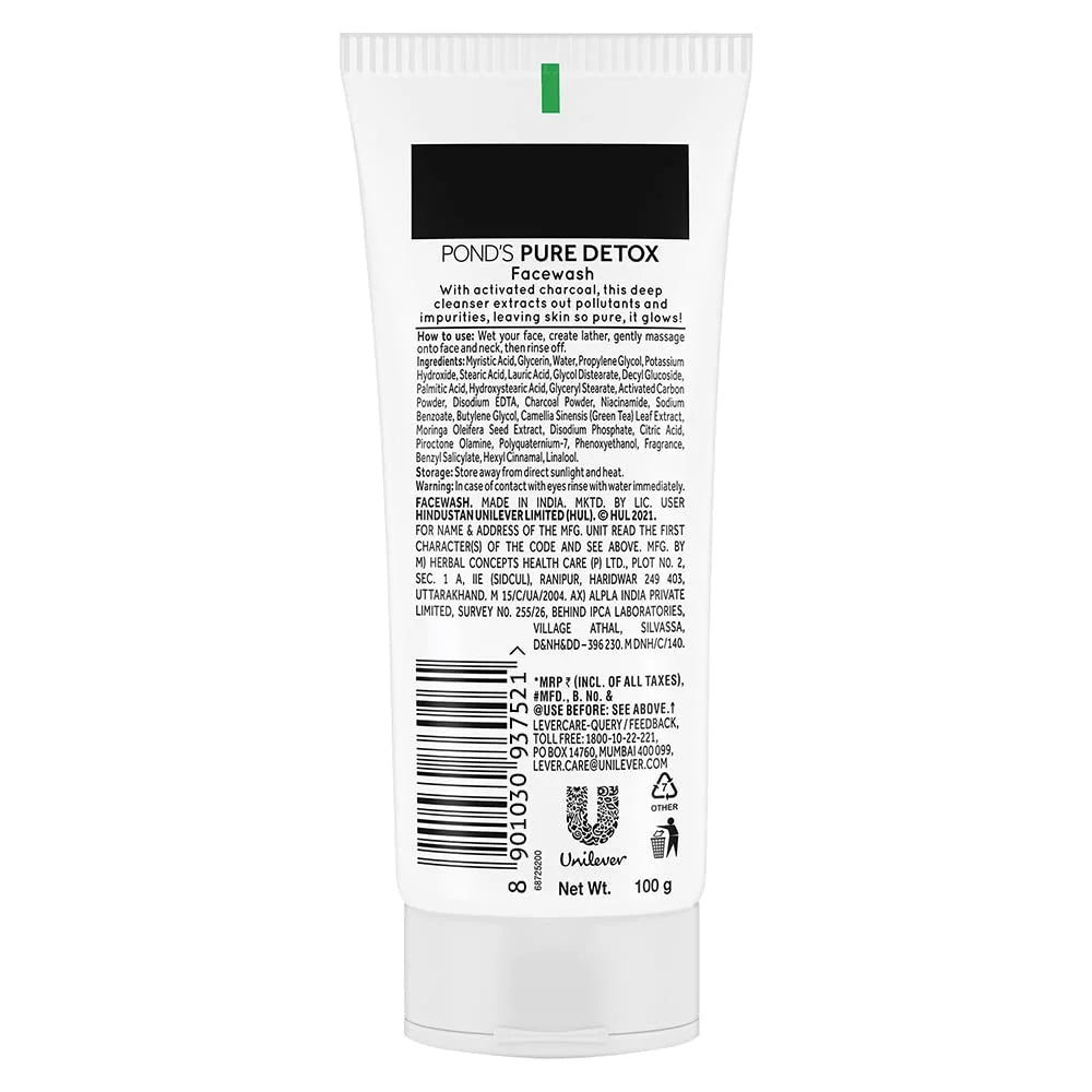 POND'Size Pure Detox Face Wash 100 g, Daily Exfoliating & Brightening Cleanser, Deep Cleans Oily Sizekin - With Activated Charcoal for Fresh, Glowing Sizekin